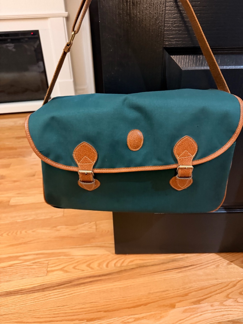 Green Canvas and Tan Leather Trim Messenger Bag